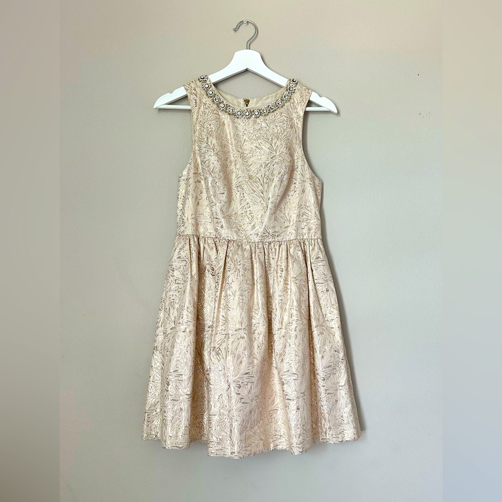 Champagne Textured Leaf Dress with Beaded Jewel Neckline